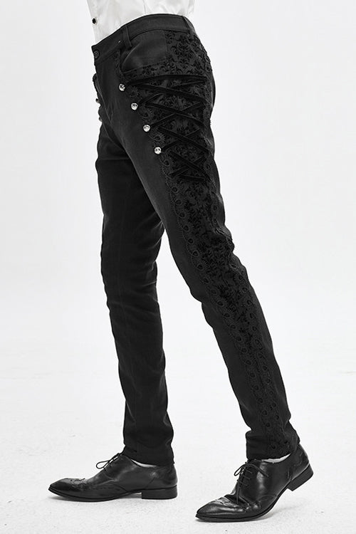 Gothic Side Button Flocked Detail Dress Trousers