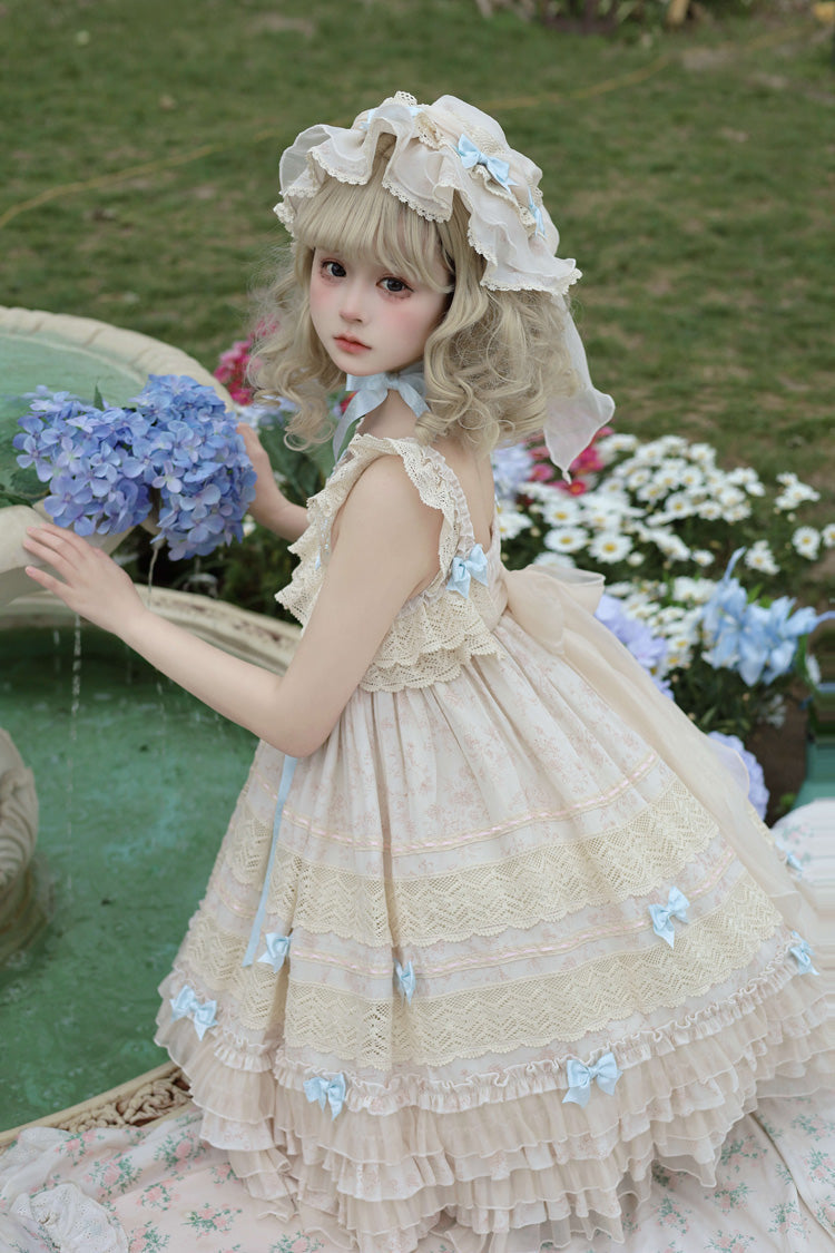 Little Wind Chime Sleeveless Multi-Layered Printed Ruffled Bow Lace Sweet Elegant Princess Lolita JSK Dress in Beige