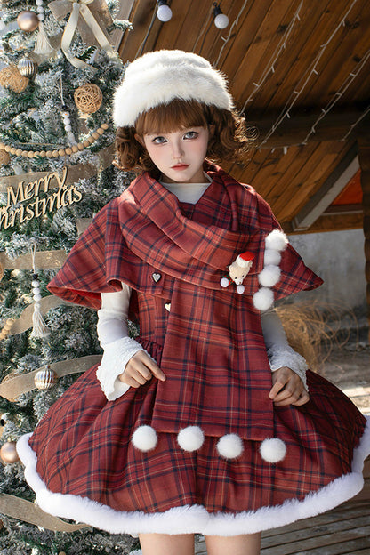 Crimson Striped Tartan Print Autumn Winter Fishbone Sweet Corset Lolita Dress