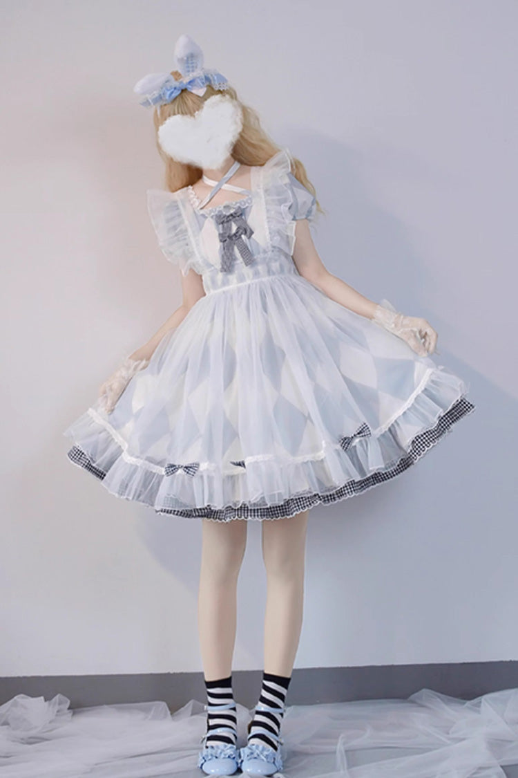 White Blue Short Sleeves Diamond Plaid Bow Sweet Lolita Dress