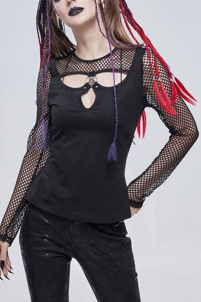 Occult Star Embroidered Deep V Mesh Knit Cotton Tee