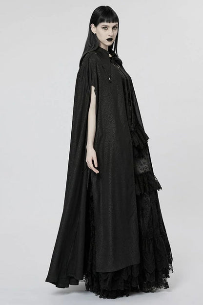 Lace Jacquard Gothic Cape with Lapel Collar and Mesh Details