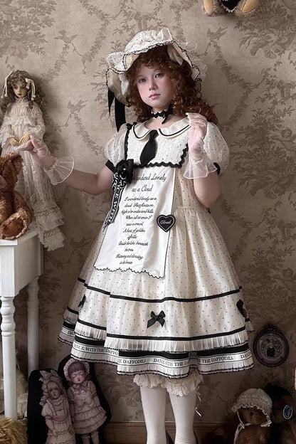 William Wordsworth's Lyric Poetry Doll-Collar Polka Dot Printed Lace Sweet Princess Lolita Dress in Beige