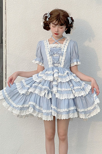Blue Halter Sweet Lolita OP Dress with Lace and Ruffled Short Sleeves