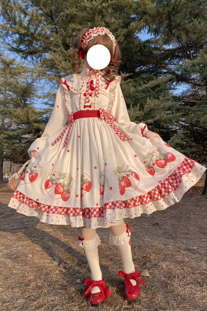 White Strawberry Printed Ruffled Bow-Trim Sweet Lolita Dress Set