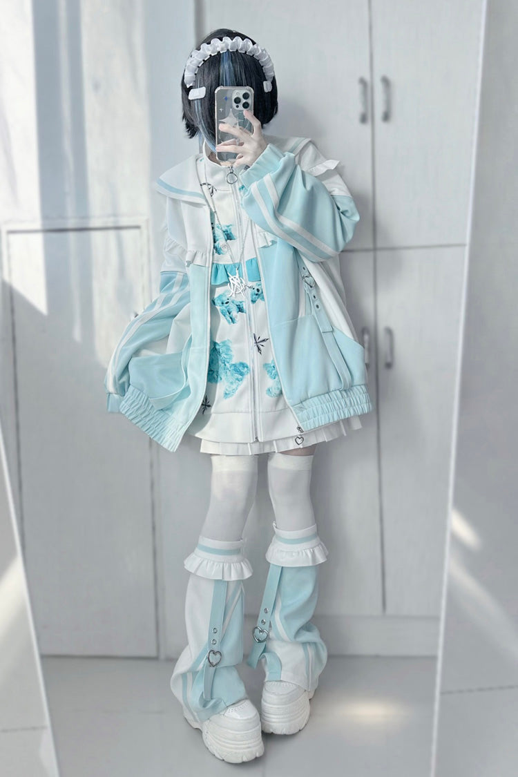 Ruffle Color Block Zipper Coat Three Shades