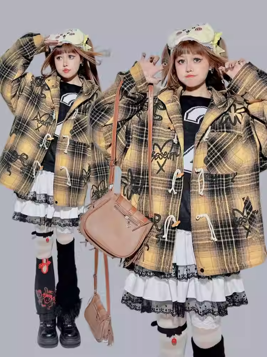 Yellow Brown Plaid  Bow Hooded Coat