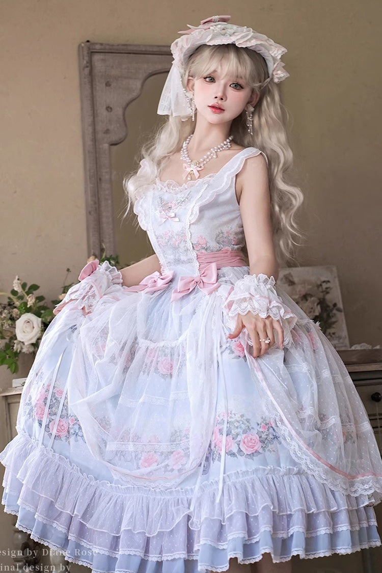 Multicolor Rose Flower Cage Print Ruffle Bow Lolita JSK