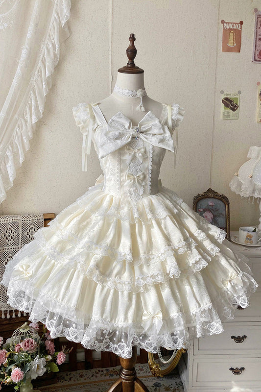 Beige Sweet Mist Cherry Romance Sleeveless Multi Layer Hanayome Bow Lace Lolita JSK