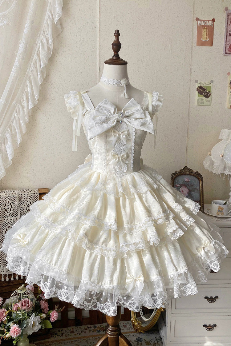 Sweet Mist Cherry Romance Sleeveless Multi-Layered Hanayome Bow Lace Lolita JSK Dress in Beige