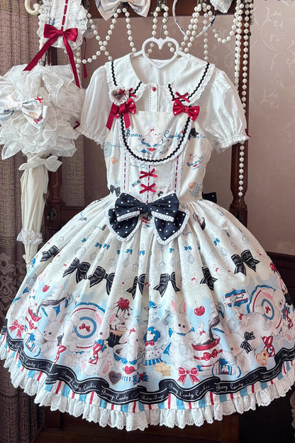 Mystery Rabbit Tea Party Sleeveless Print Ruffle Bowknot Lace Sweet Lolita JSK Dress in Beige