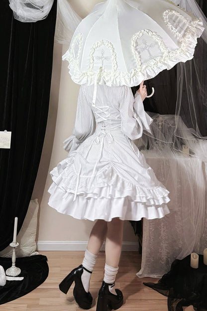 White Point Manor Multi-Striped Print Ruffled Bow Hem Gothic Lolita Skirt