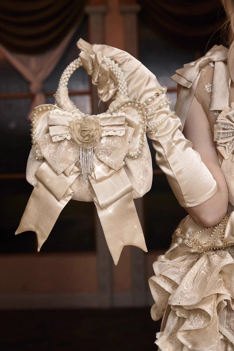 Gilded Pearl Bow Satin Handbag in Champagne