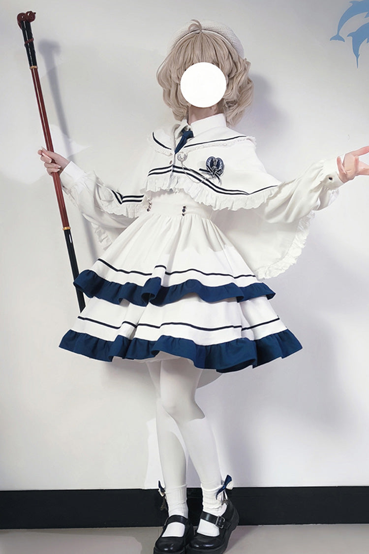 White Long Sleeve Double-Layer Ruffle Sweet College Lolita Dress