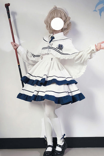 White Long Sleeve Double-Layer Ruffle Sweet College Lolita Dress