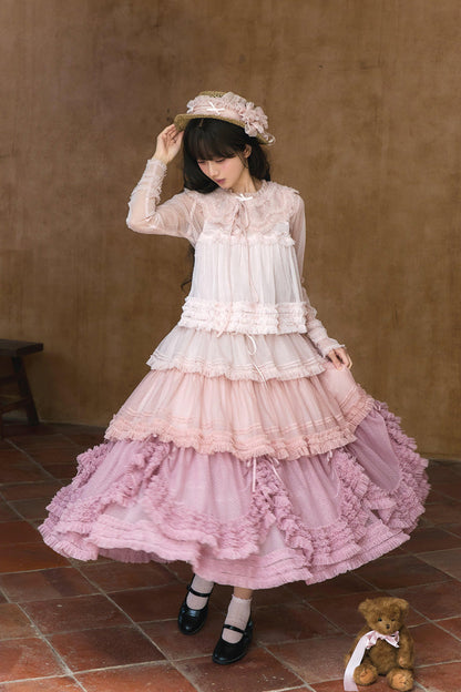 Sweet Stand Collar Long Sleeve Multi Layer Ruffle Color Block Lolita Tiered Dress 14 Colors