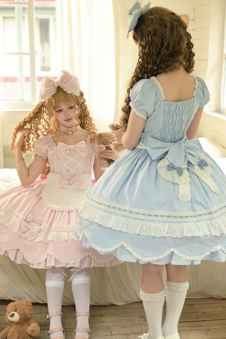 Square-Neck Cotton Dress with Double Ruffle Lace and Lacing