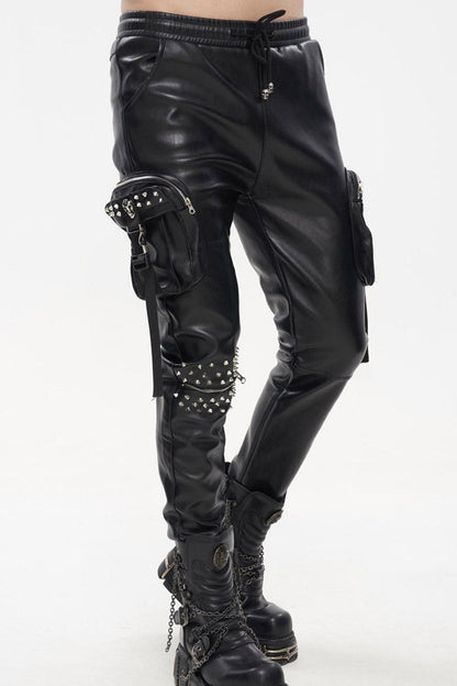 Rebel Rivet Zipper Pocket Faux Leather Cargo Trousers