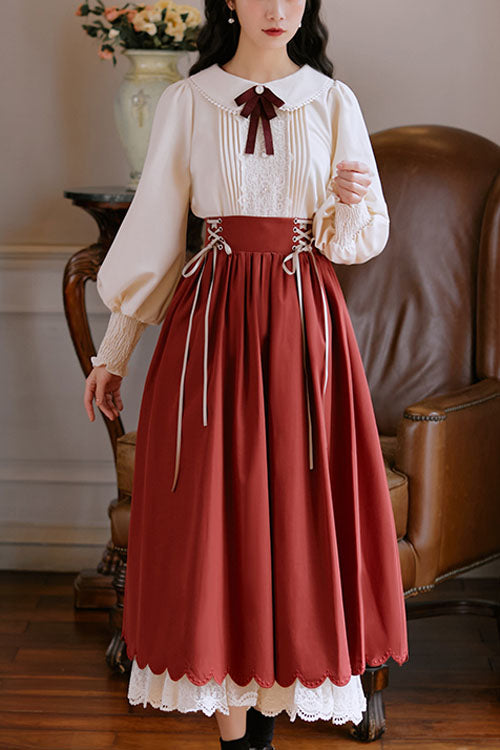 Classic Lolita Two-Piece Dress with High-Waist and Lace Wave Hem