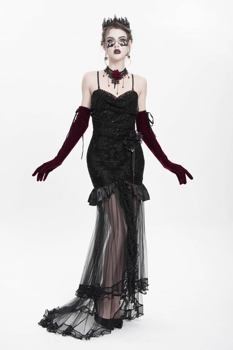 Floral Embroidery Mesh Hem Gothic Long Slip Dress