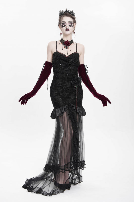 Floral Embroidery Mesh Hem Gothic Long Slip Dress