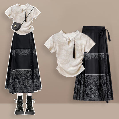 Vintage Print Pleated Shirt Flower Skirt Buckle