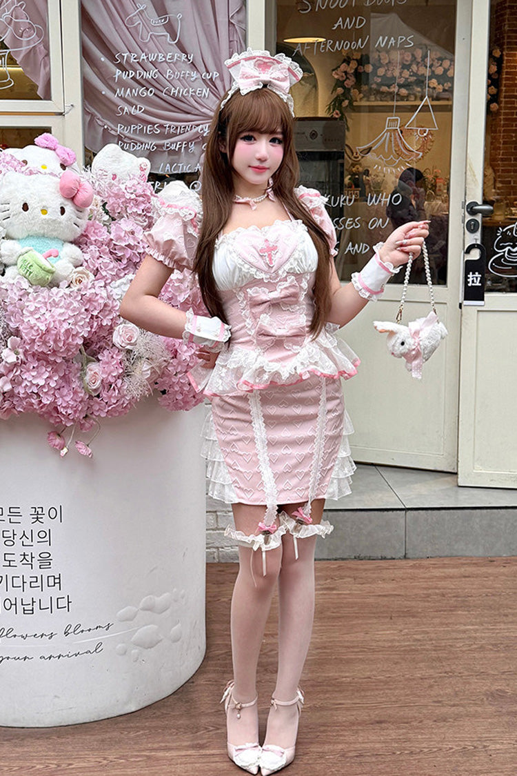 Rose Square Collar Short Sleeve Jacquard Ruffle Embroidered Bow Lace Chinese Sweet Lolita Two-Piece - Little Nurse
