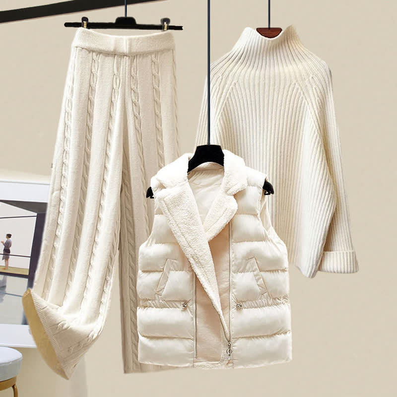 Chic Plush Vest Coat Sweater Casual Knit Pants