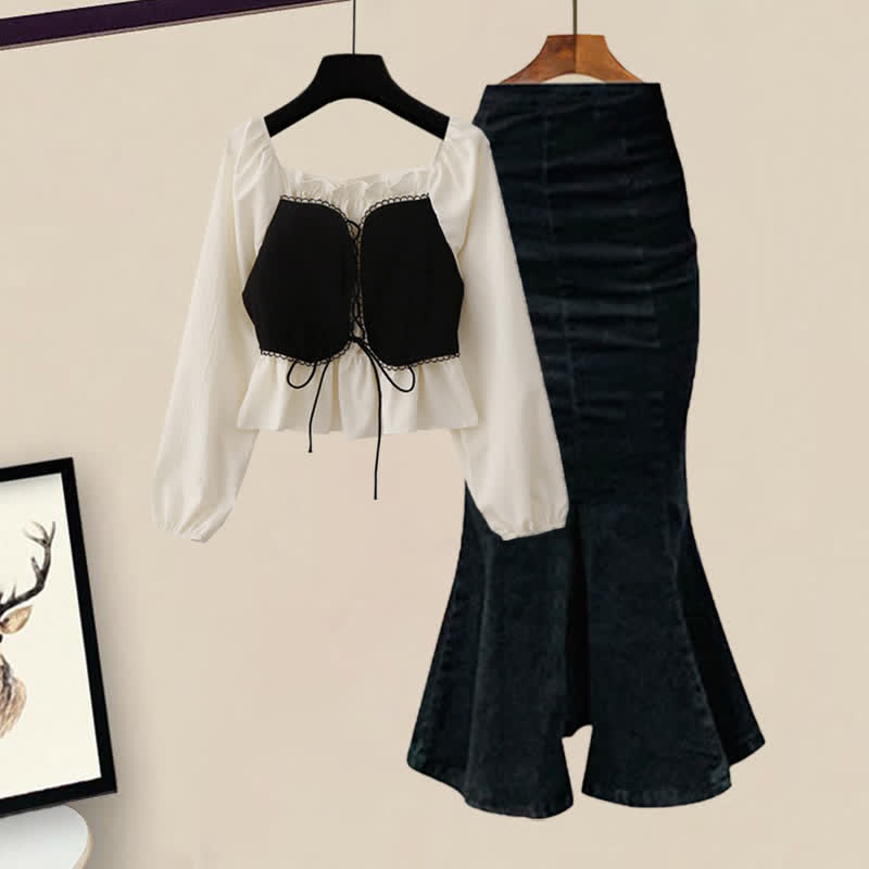 Collar Fishtail Sweet Lace Denim Set Square Skirt Shirt Up