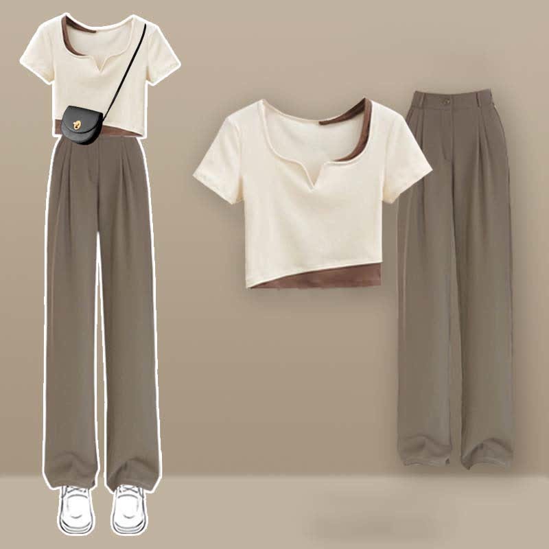 Two Colorblock Set Casual Top Crop Pieces Pants T-Shirt