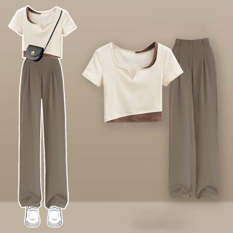 Colorblock Crop Top T-Shirt Casual Pants Set