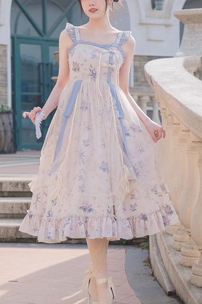 Elegant Floral Wall Print Sweet Lolita Gown with Ruffles