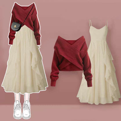 Cross Sweater Knit Slip Dress Flouncing Set