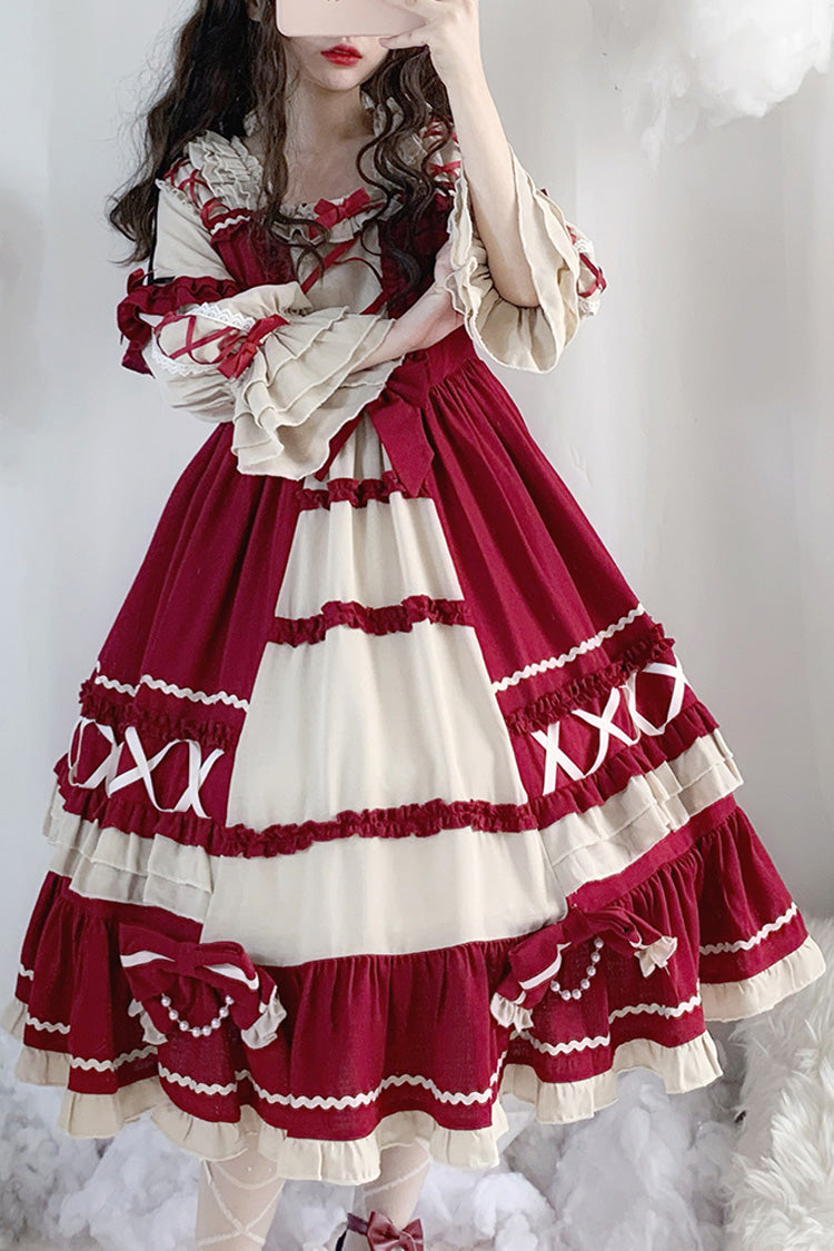 Wine Red Bow-Trim Long-Sleeved Ruffled Sweet Lolita OP Dress