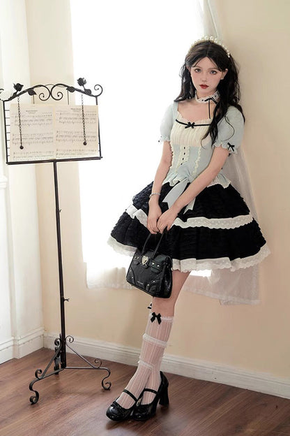 Black/Blue Mint Dark Chocolate Fake Two-piece Square Collar Ruffle Bowknot Sweet Lolita Dress