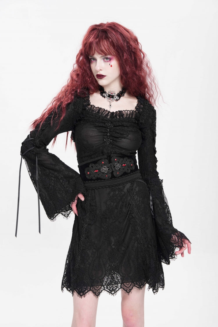 Square Collar Trumpet Sleeve Embroidered Lace-Up Gothic Dress