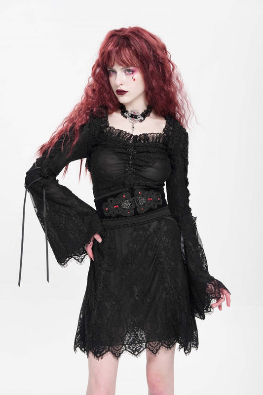 Square Collar Trumpet Sleeve Embroidered Lace-Up Gothic Dress