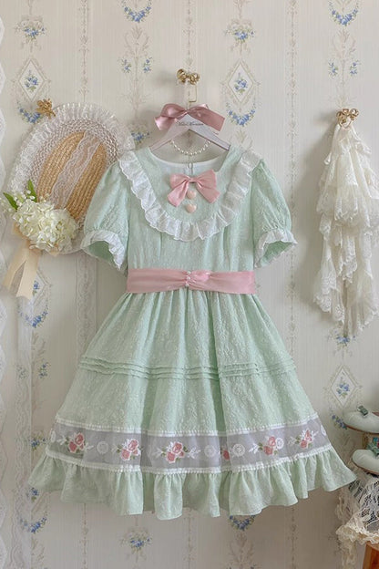 Green Short-Sleeved Rose Print Ruffled Bow-Trim Sweet Lolita Dress