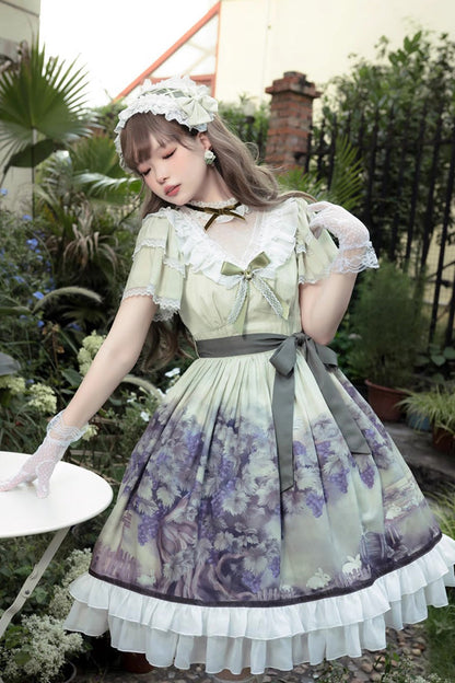Multi-Color Short Sleeves Vineyard Print Ruffle Bow Sweet Princess Lolita Dress