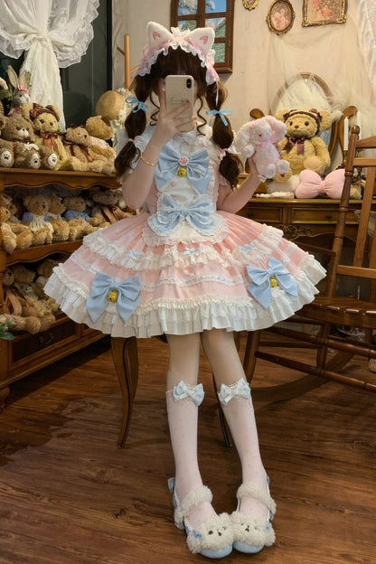Rose Meowling Sweet Maid Sleeveless Layered Ruffle Bow Lace Princess Sweet JSK Dress