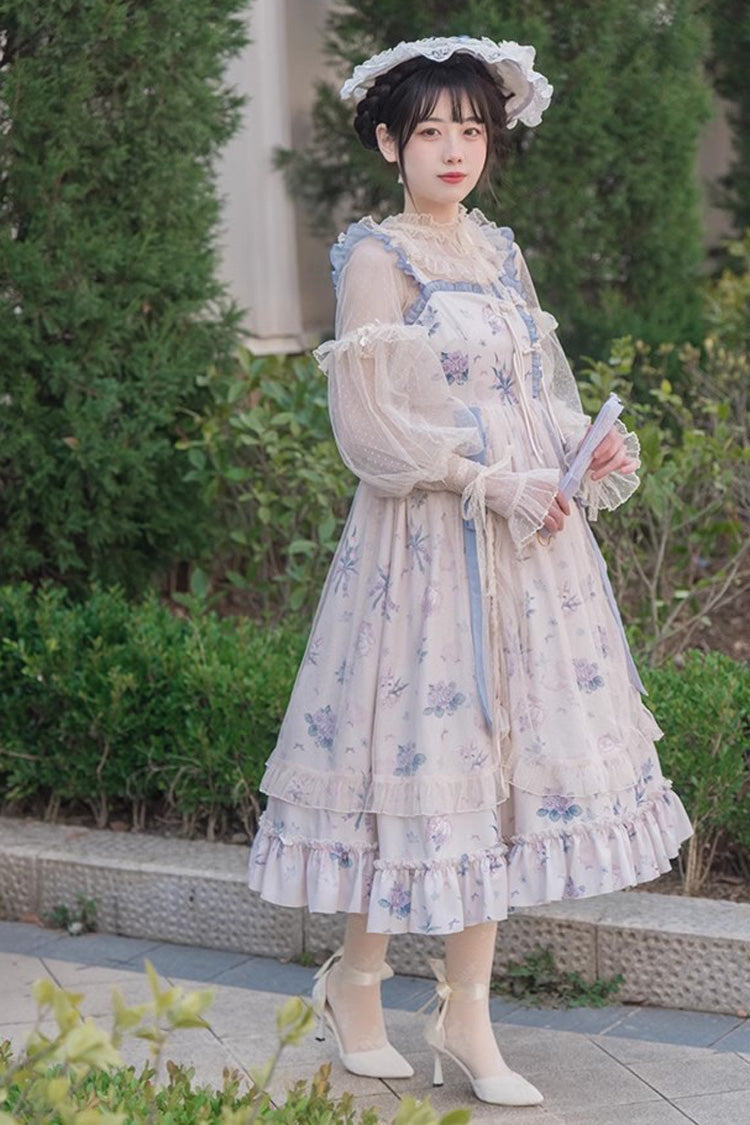 Elegant Floral Wall Print Sweet Lolita Gown with Ruffles