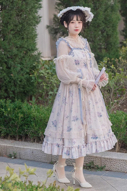 Elegant Floral Wall Print Sweet Lolita Gown with Ruffles