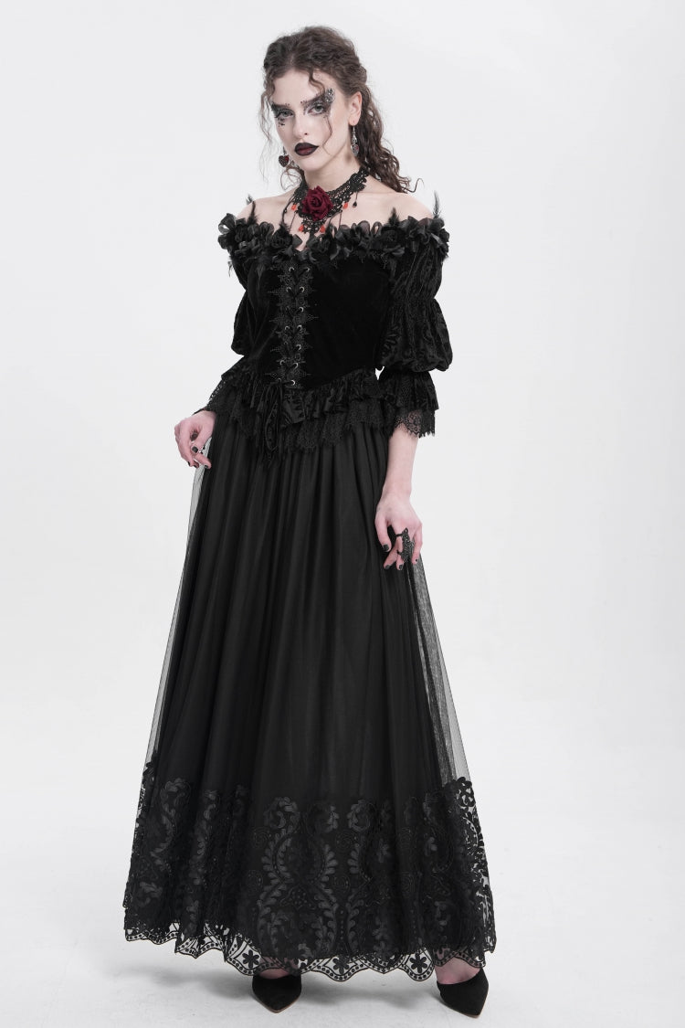 Women's Gothic Floral Mesh Skirt with Black Stitching