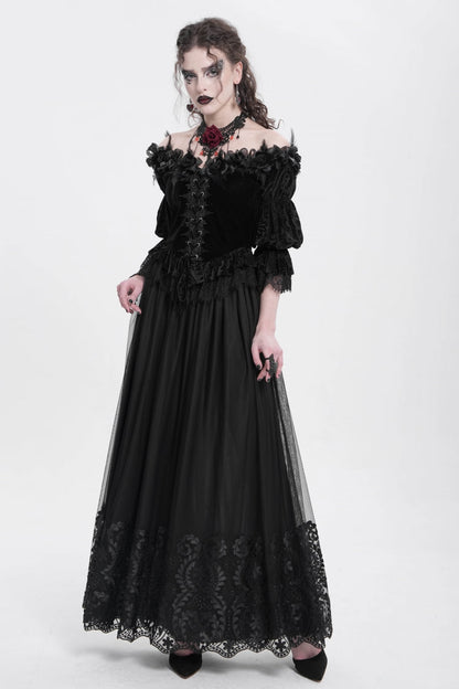 Women's Gothic Floral Mesh Skirt with Black Stitching