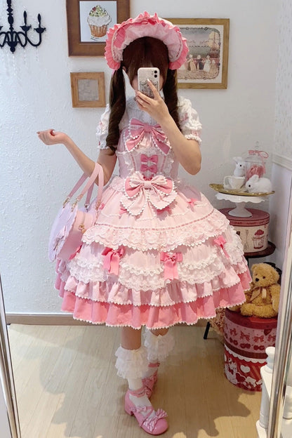 Pink Fondant Cake Sleeveless Multi-Layer Ruffle Bow Lace Sweet JSK Dress