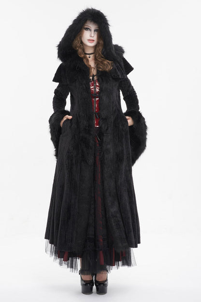 Gothic Women's Hooded Coat with Fluffy Long Bell Sleeves and Flared Silhouette