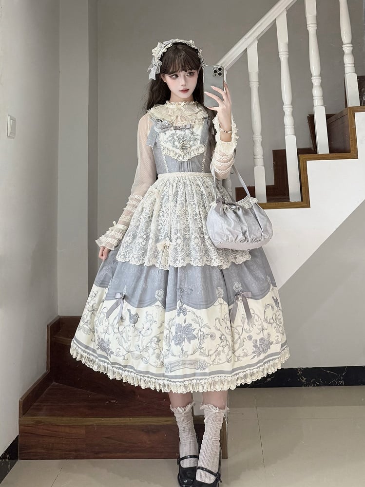 Gray Titmouse and Floral Print Lolita Jumper Skirt