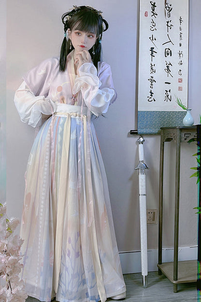 Classic Tang Collar Printed Hanfu Ensemble with Round Neck