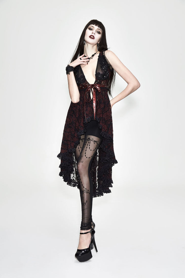 Waist Knot Back Lace-Up Frill Hem Sleeveless Rose Mesh Gothic Tee