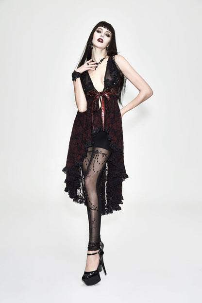 Waist Knot Back Lace-Up Frill Hem Sleeveless Rose Mesh Gothic Tee